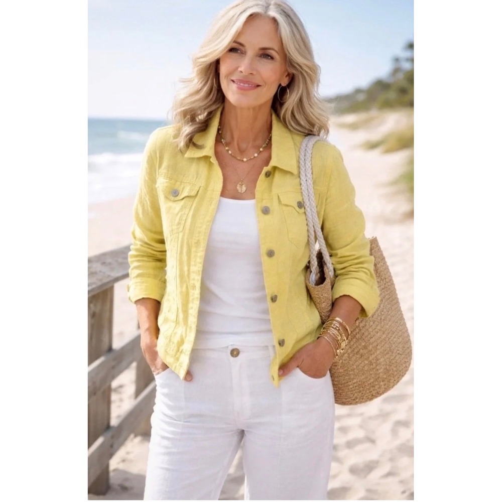 Jones & Co Jones New York Yellow 100% Linen Button Front Jacket Womens Large L